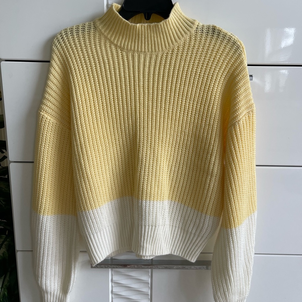 Yellow and White Turtleneck Knit Sweater